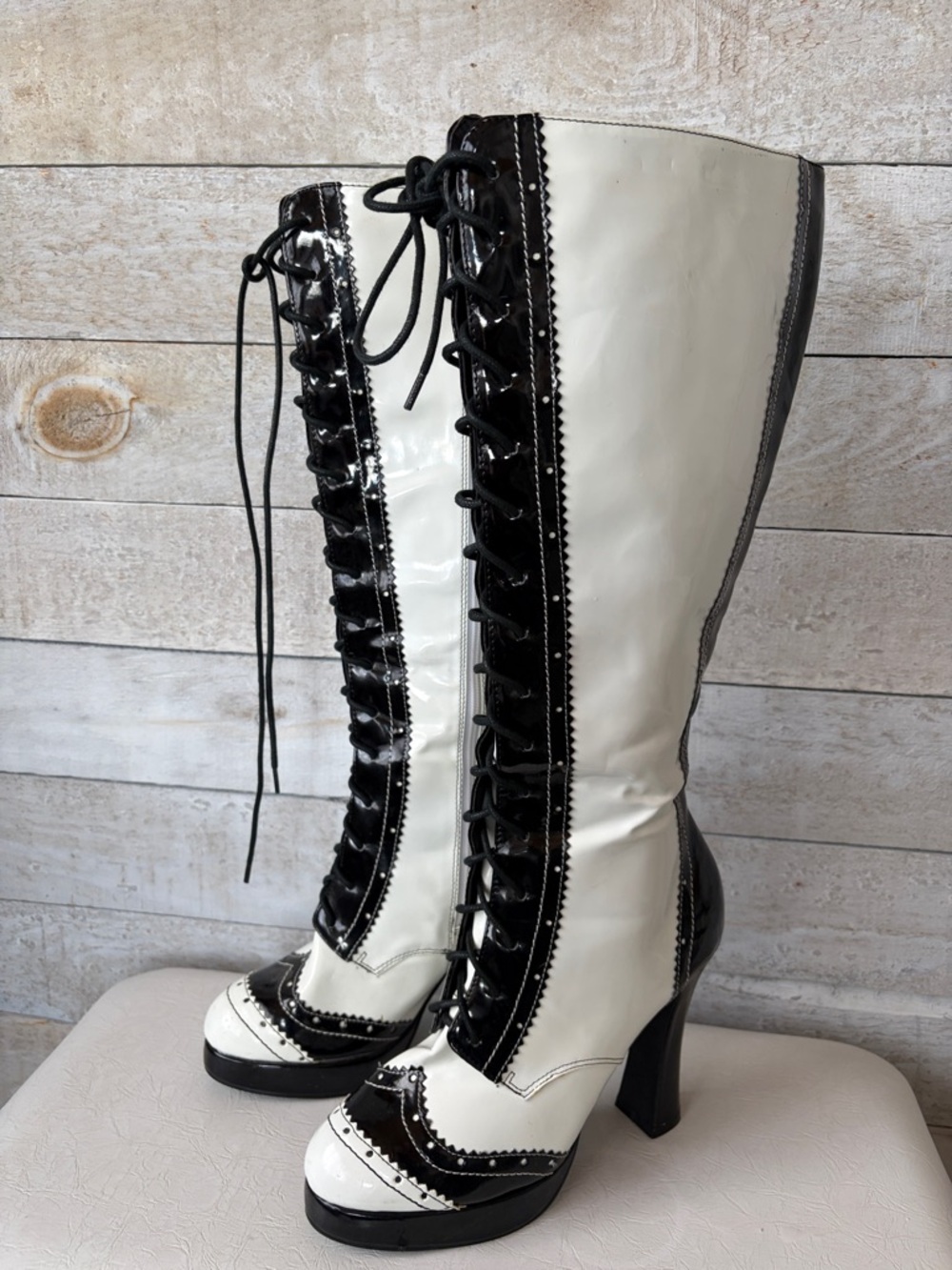 Ellie Patent Two-Tone Black & White Lace-Up Knee Boots